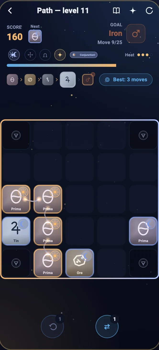 An Aurifex level: alchemical tiles on a dark board, ready to fuse