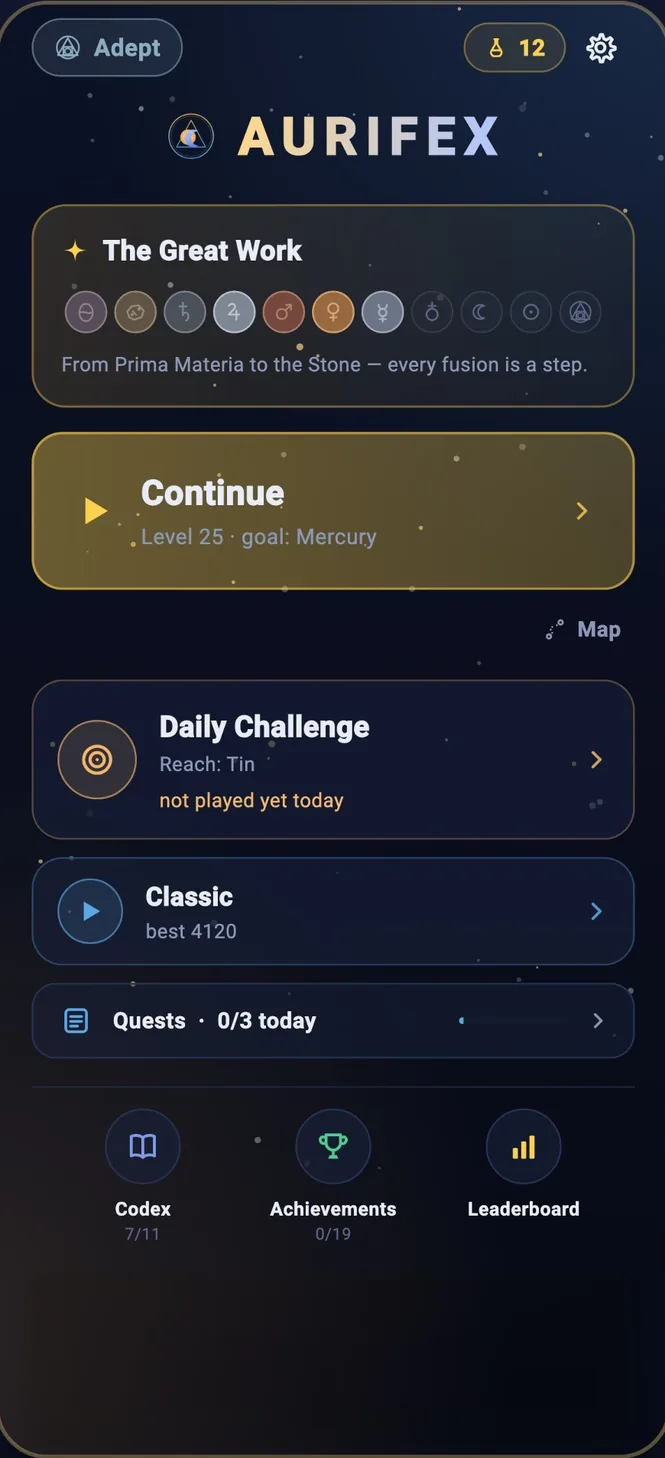 The Aurifex home screen: The Great Work, Daily Challenge and Classic