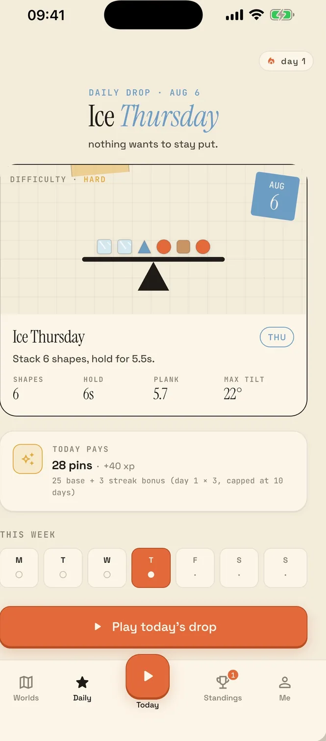 Drop Balance's Daily Drop, with today's beam and a streak