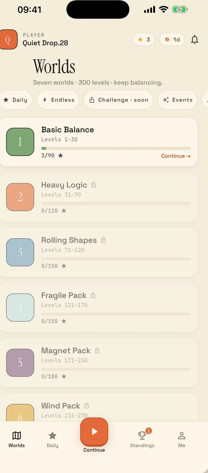 Drop Balance's worlds, each with its own set of levels