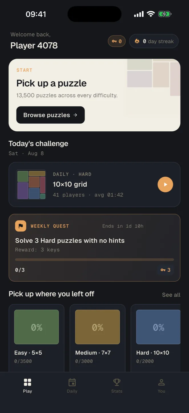 The Kuadra home screen: today’s challenge, a weekly quest and puzzle packs