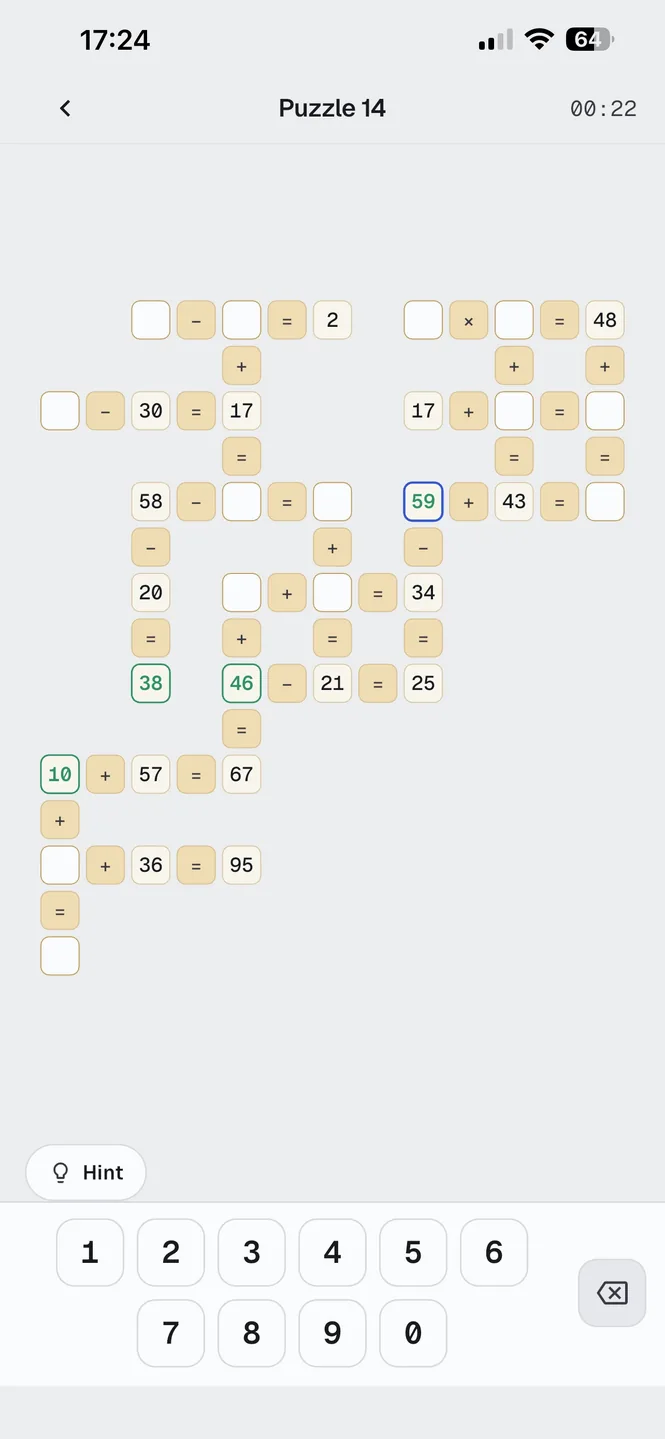 A Lumath CrossMath board with equations crossing and a number tray