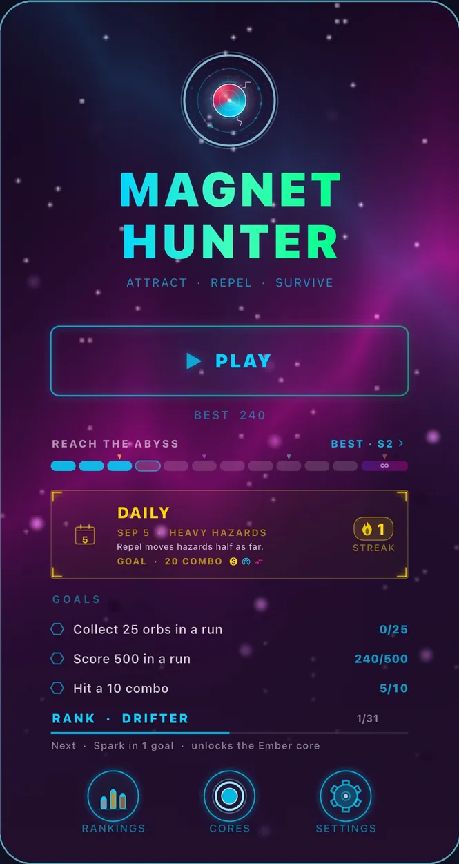 Magnet Hunter's title screen with the daily course and a play button