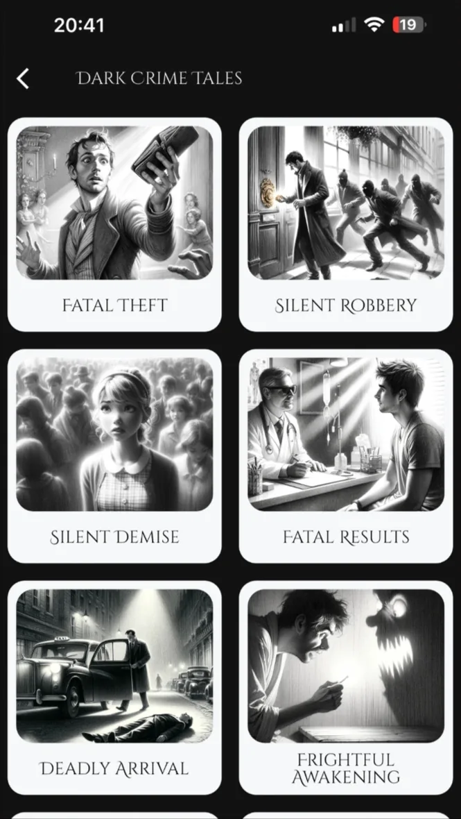Dark Mysteries' story list, each tale with a black-and-white illustration