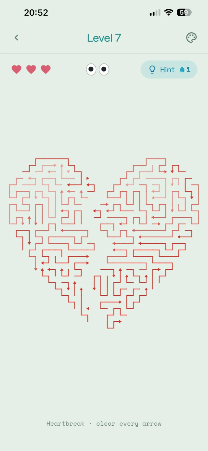 A Sagitta level drawn as two hearts, made of red and pink arrows