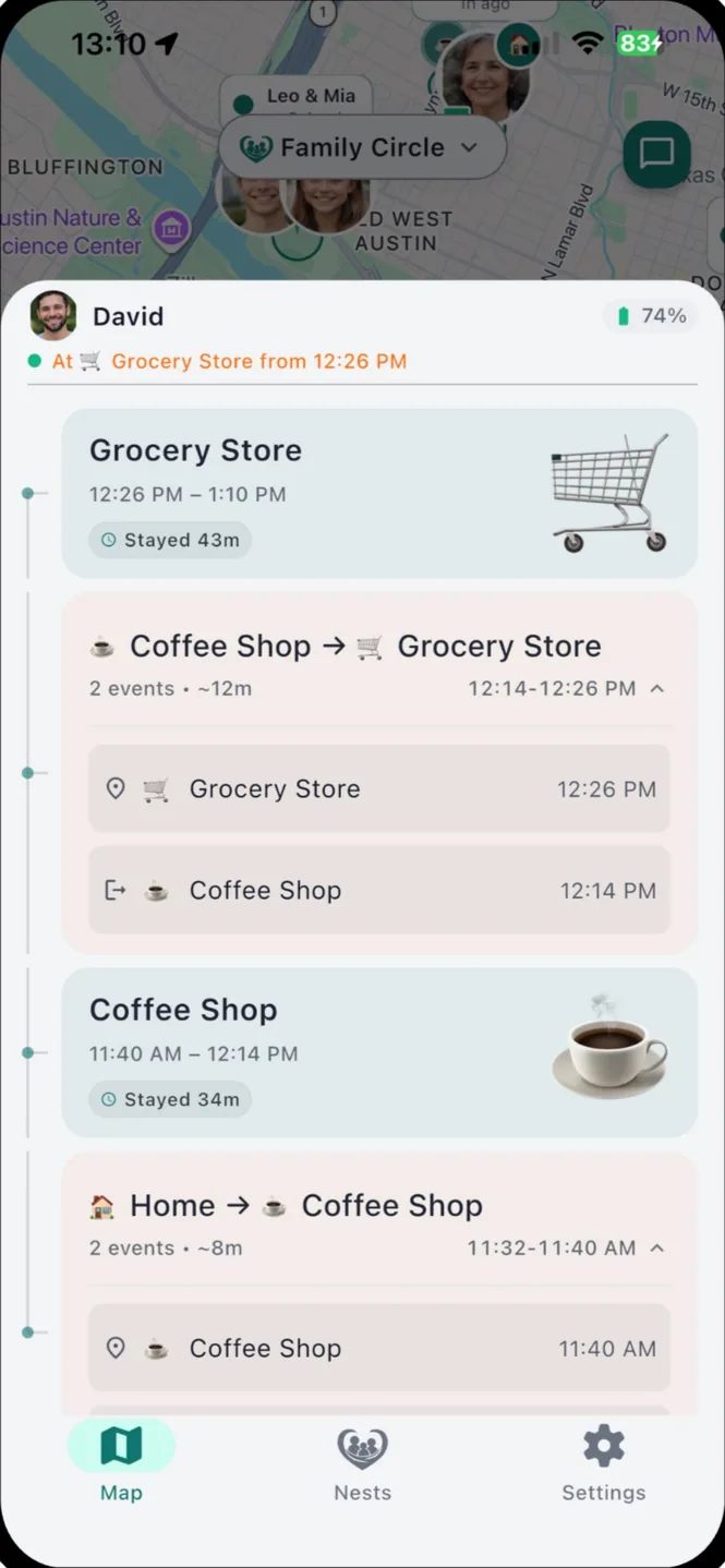 Serico's activity timeline of trips, stops and arrivals