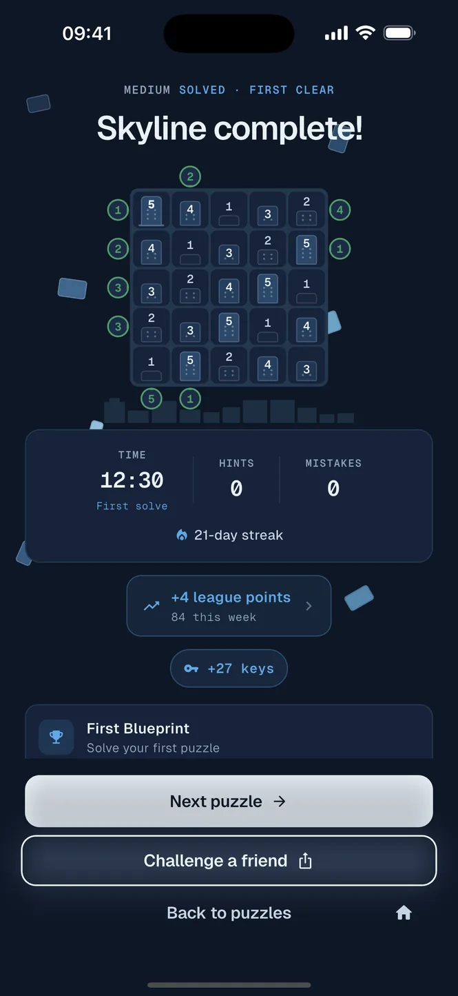 A Skyscrapers board just solved: “Skyline complete!” with the time