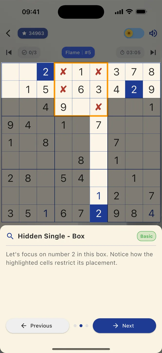 A Sudoku hint explaining a Hidden Single, step by step