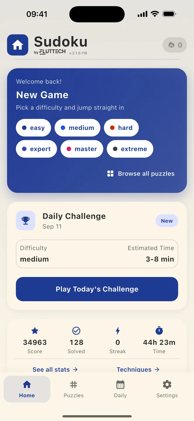 The Sudoku home screen: new game difficulties and today's challenge