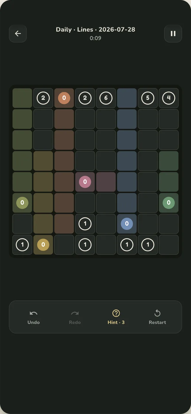 A Tendril board part-solved, clues grown into coloured lines
