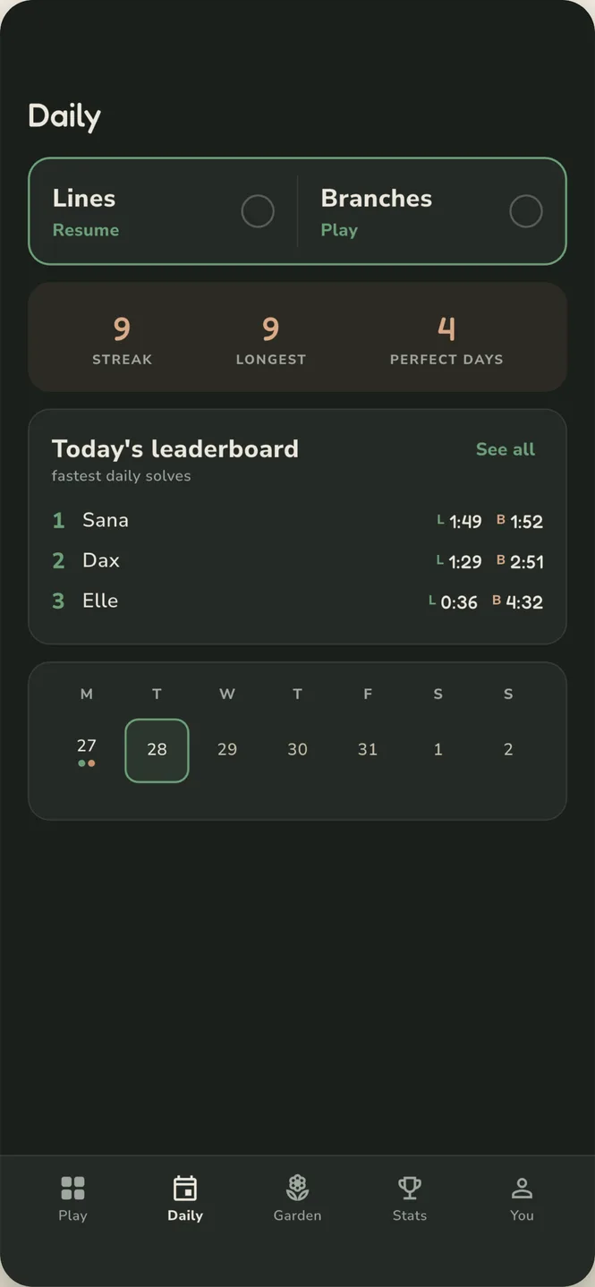 The Tendril daily screen: both modes, a streak and today's leaderboard